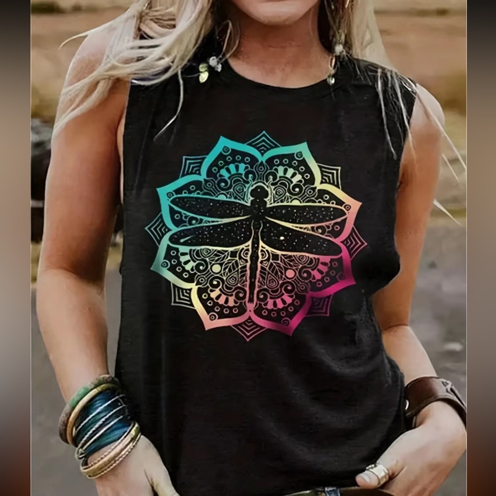 Boutique Boho Dragonfly Sleeveless Tee, Size M